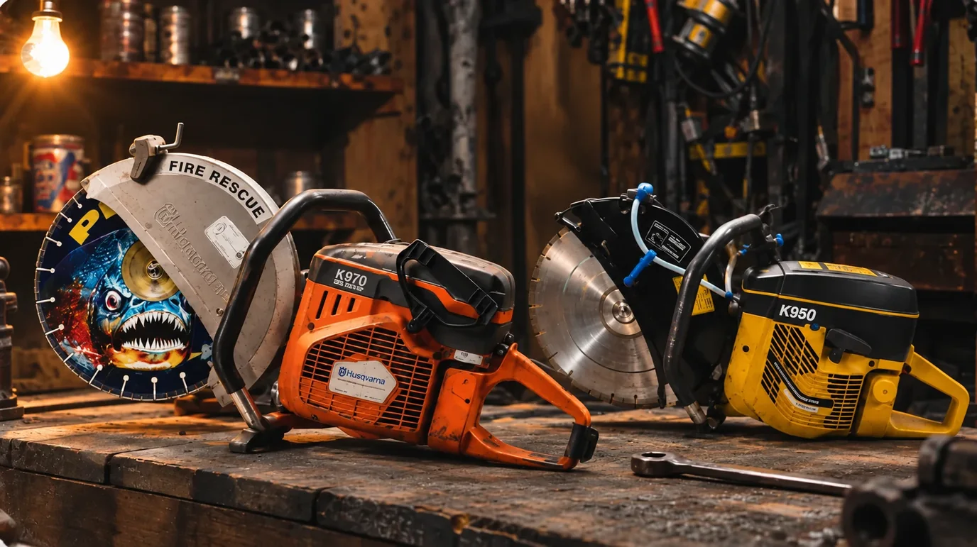 Husqvarna K970 Rescue saw with a Piraya blade beside a K950 cutoff saw on a workbench