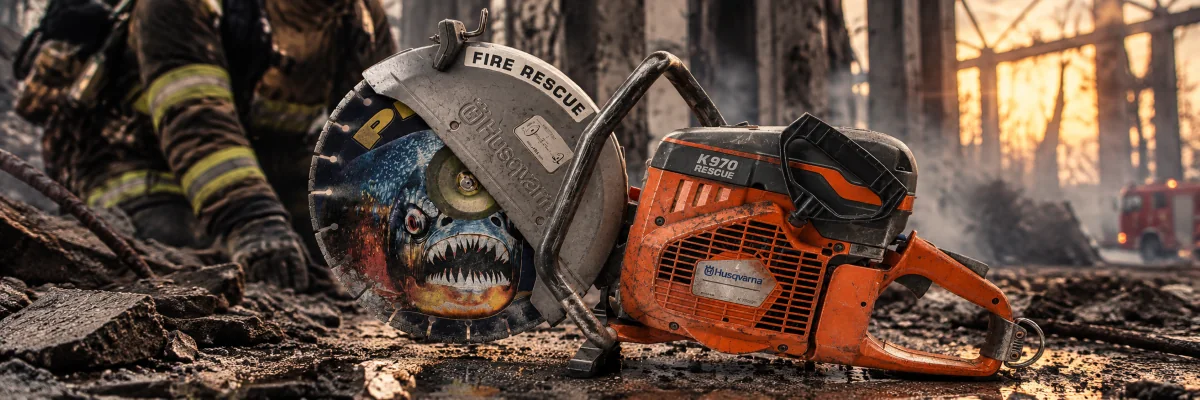 Husqvarna K970 rescue saw with a Piraya blade on the ground at a structure fire