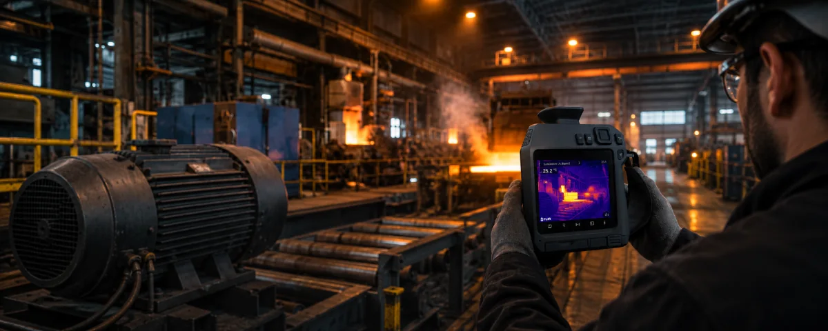Thermal camera reading a plant motor with a hot steel line glowing behind it