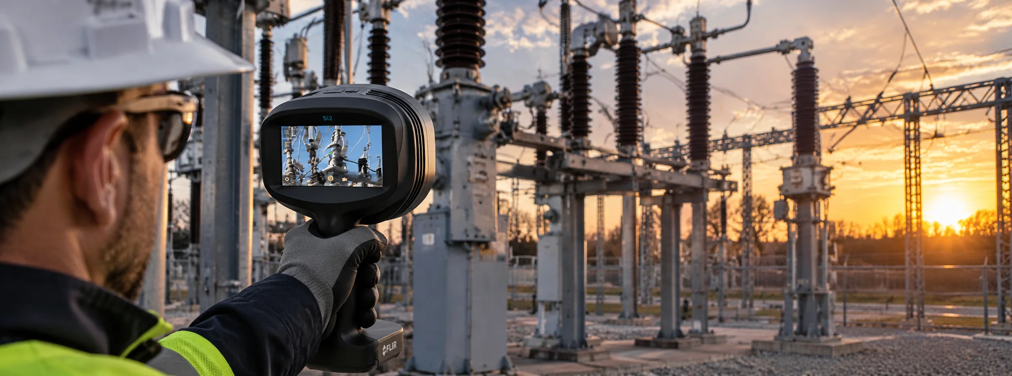 Technician aiming a FLIR Si2 acoustic camera at substation equipment at sunset