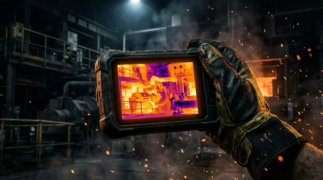 FLIR K-Series firefighting thermal imaging camera showing a live heatmap