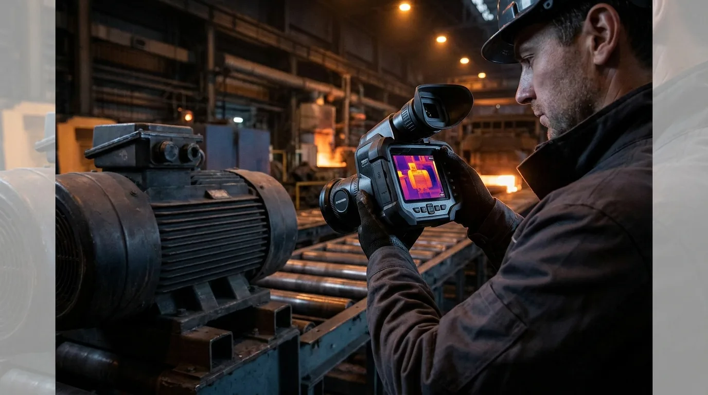 Engineer inspecting factory motors with a professional FLIR thermography camera