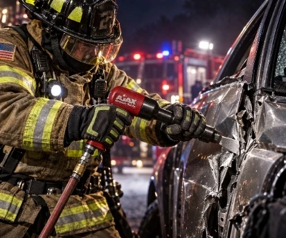 Firefighter working a red AJAX pneumatic air hammer into a crumpled car door, with fire apparatus lights behind him