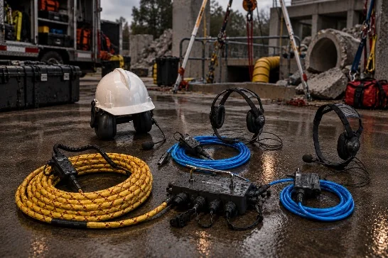 RESCOM hard-line communication kit with hard hat, headsets, cable spools and junction box staged at a training site