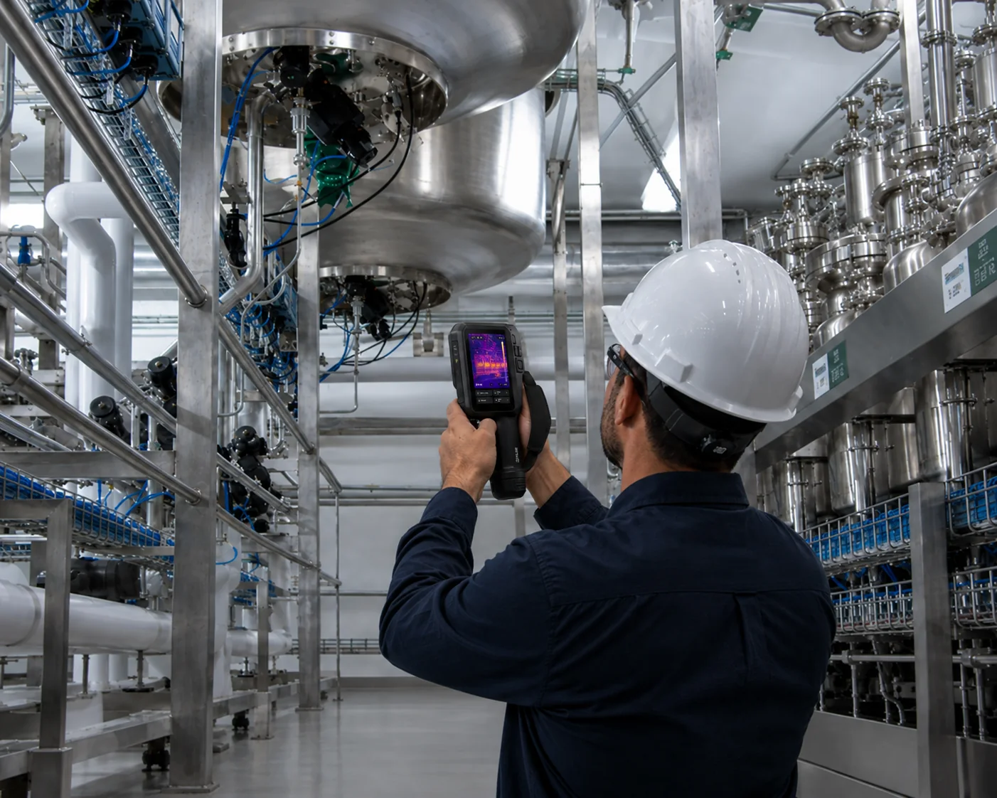 Technician inspecting pharmaceutical process equipment with a FLIR thermal camera