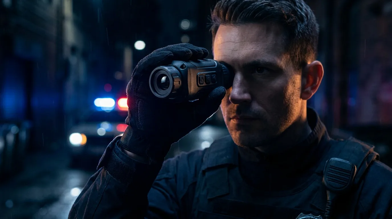 Officer scanning a dark street with a FLIR handheld thermal monocular
