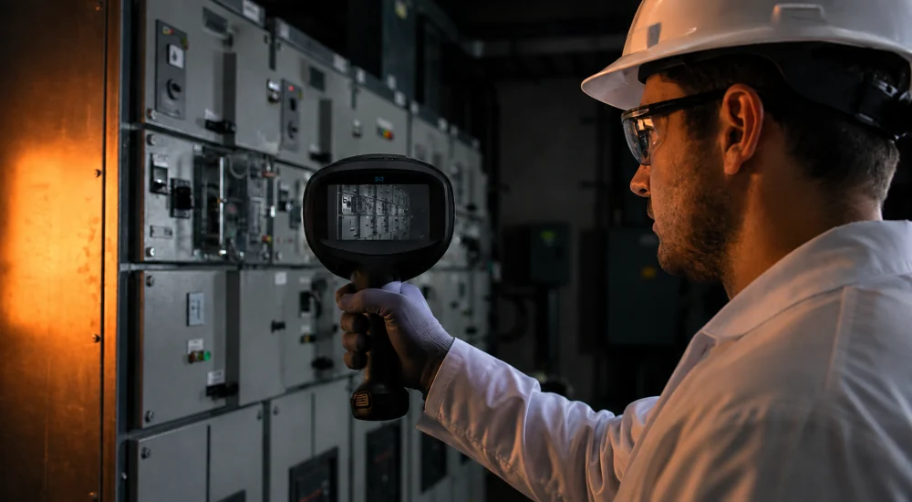 Technician scanning switchgear with a thermal camera